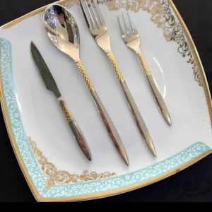 سرویس قاشق چنگال نیمه طلای استیل نگیر 120پارچه دهانه اروپایی (جدید ترین طرح)